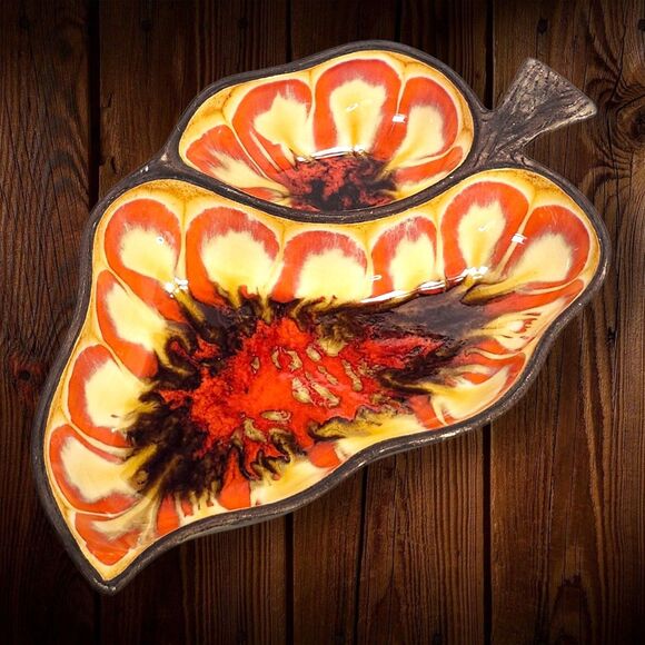 Vintage Treasure Craft 376 Leaf Chip & Dip Tray Orange Brown Glaze 1970s Decor - Picture 3 of 11